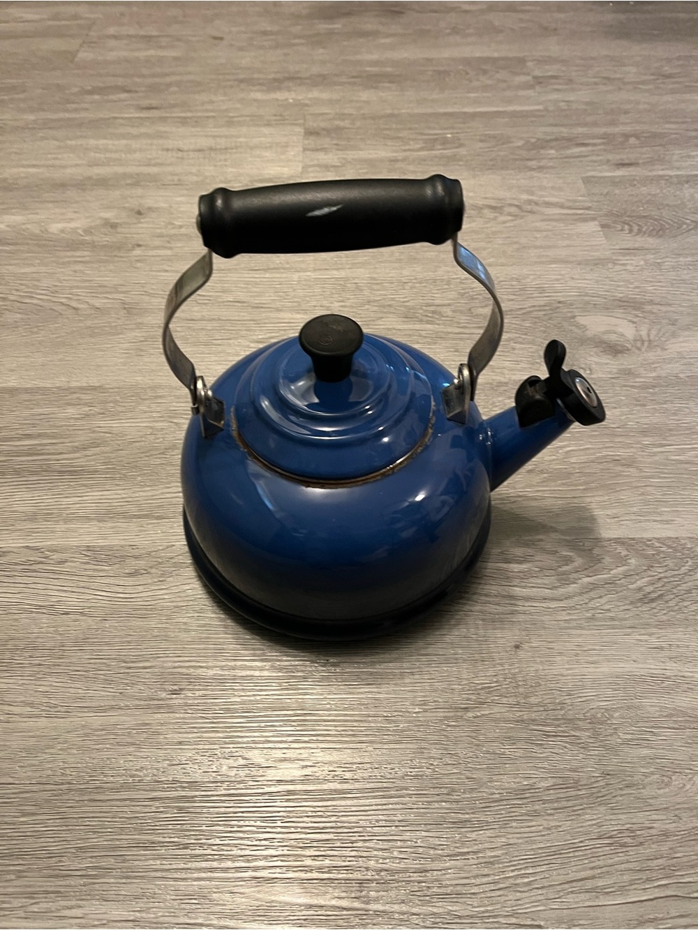 Le Creuset Blue Whistling Tea Kettle with Black Handle